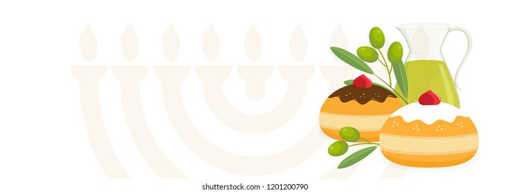 Jewish holiday of Hanukkah, banner with greeting inscription hebrew, sufganiyot doughnuts, oil jug, olive branch and dreidel spinning top, hanukkah menorah, holiday candelabrum, copy space
