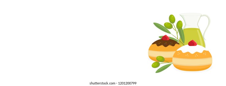 Jewish holiday of Hanukkah, banner with greeting inscription hebrew, sufganiyot doughnuts, oil jug, olive branch and dreidel spinning top, copy space