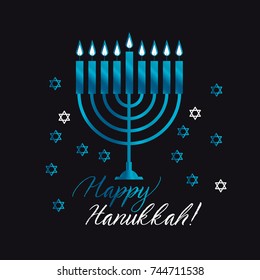 Jewish holiday Hanukkah with blue menorah (traditional Candelabra) vector illustration on black background