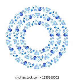 Jewish holiday Hanukkah blue round frame traditional Chanukah symbols wooden dreidels spinning top Hebrew letters, donuts, menorah candles, Israeli flag star David glowing lights pattern Vector layout