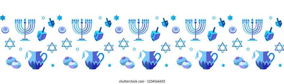 Jewish holiday Hanukkah Border traditional Chanukah symbols wooden dreidel spinning top, Hebrew letters, donuts, menorah candles, oil jar, Isreal flag star David glowing lights pattern Vector template