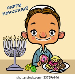 Jewish Holiday Hanukkah card.  Funny cartoon jewish boy eating donuts 