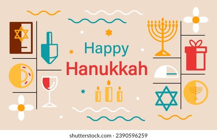 Jewish holiday Hanukkah, card in minimalistic style. Traditional Jewish holiday of light. Menorah, candles, donuts, star of David and gifts. Vector illustration