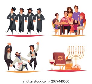 Jewish holiday hanukkah celebration compositions set with happy people food menorah isolated cartoon vector illustration