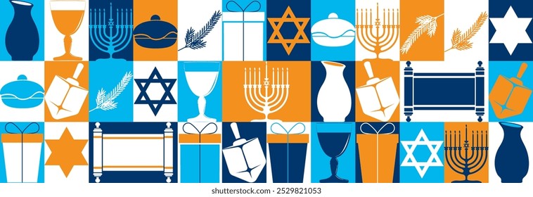 Jewish holiday Hanukkah, collage with symbols for Hanukkah. Menorah, Dreidel, Candles, Sufganiyot, Star of David and more.