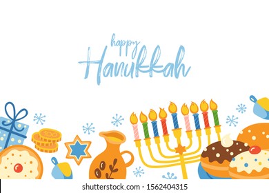 Jewish holiday Hanukkah cute banner design. Childish print for cards, stickers and party invitations. Vector illustration