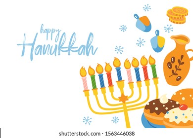 Jewish holiday Hanukkah cute banner design. Childish print for cards, stickers and party invitations. Vector illustration