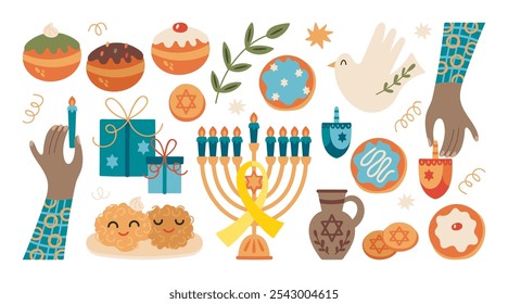 Jüdischer Feiertag Hanukkah niedliche handgezeichnete Elemente. Kinderdruck für Aufkleber, Karten und Einladungen. Vektorgrafik