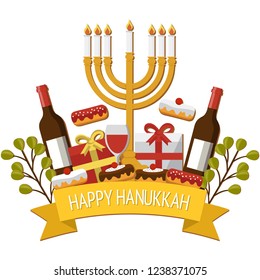 Jewish holiday Hanukkah. Design elements set. Holiday symbols: menorah (candlestick), candles, donuts, gifts, dreidel. Greeting card template design. Happy Hanukkah in Hebrew. Vector illustration