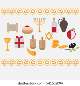 Jewish holiday Hanukkah design elements with traditional donuts, holiday candlestick menora and scroll, horn and wooden spinning top and coins. Happy Hanukkah greeting card. Hebrew Judaism symbols