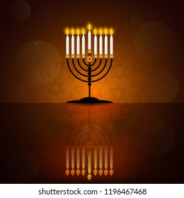 Jewish holiday Hanukkah  design with  menorah with burning candles and reflection on dark background. Vector illustration.