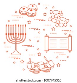 Jewish holiday Hanukkah: dreidel, sivivon, menorah, coins, donuts and other. Design for postcard, banner, poster or print.