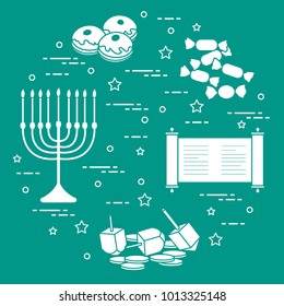 Jewish holiday Hanukkah: dreidel, sivivon, menorah, coins, donuts and other. Design for postcard, banner, poster or print.