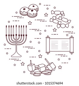 Jewish holiday Hanukkah: dreidel, sivivon, menorah, coins, donuts and other. Design for postcard, banner, poster or print.