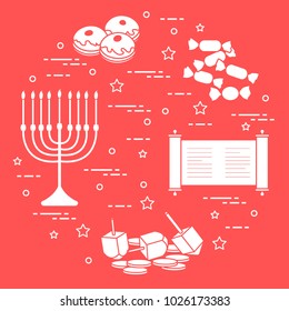Jewish holiday Hanukkah: dreidel, sivivon, menorah, coins, donuts and other. Design for postcard, banner, poster or print.