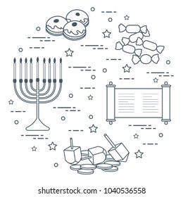 Jewish holiday Hanukkah: dreidel, sivivon, menorah, coins, donuts and other. Design for postcard, banner, poster or print.