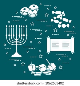 Jewish holiday Hanukkah: dreidel, sivivon, menorah, coins, donuts and other. Design for postcard, banner, poster or print.