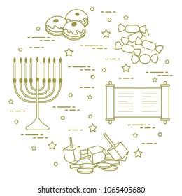 Jewish holiday Hanukkah: dreidel, sivivon, menorah, coins, donuts and other. Design for postcard, banner, poster or print.