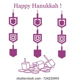 Jewish holiday Hanukkah: dreidel, sivivon, coins and paper garland. Design for postcard, banner, poster or print.