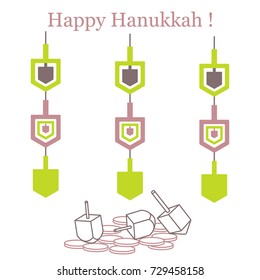 Jewish holiday Hanukkah: dreidel, sivivon, coins and paper garland. Design for postcard, banner, poster or print.