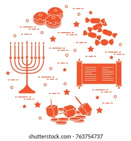 Jewish holiday Hanukkah: dreidel, sivivon, menorah, coins, donuts and other. Design for postcard, banner, poster or print.