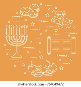 Jewish holiday Hanukkah: dreidel, sivivon, menorah, coins, donuts and other. Design for postcard, banner, poster or print.