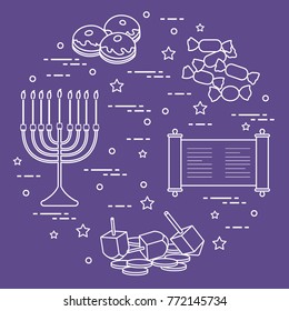 Jewish holiday Hanukkah: dreidel, sivivon, menorah, coins, donuts and other. Design for postcard, banner, poster or print.