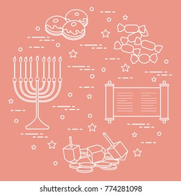 Jewish holiday Hanukkah: dreidel, sivivon, menorah, coins, donuts and other. Design for postcard, banner, poster or print.