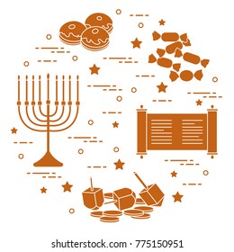 Jewish holiday Hanukkah: dreidel, sivivon, menorah, coins, donuts and other. Design for postcard, banner, poster or print.