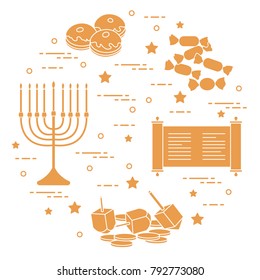 Jewish holiday Hanukkah: dreidel, sivivon, menorah, coins, donuts and other. Design for postcard, banner, poster or print.