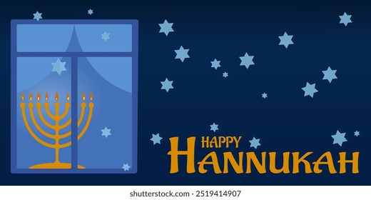 Jüdischer Feiertag Hanukkah (jüdisches Festival des Lichts) Hintergrund mit Menorah (traditionelles Candelabra). Die Menorah im Fenster. Fröhliche Hanukka auf Hebräisch. Vektorgrafik