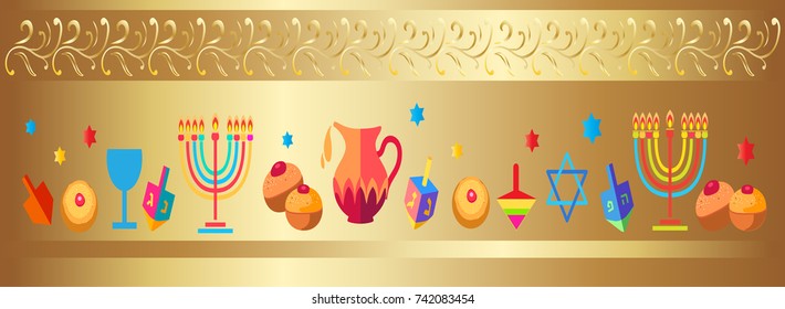 Jewish holiday Hanukkah gold background with traditional Chanukah symbols - wooden dreidels (spinning top), donuts, menorah, candles, star of David, oil jar, wallpaper, web decoration ornament pattern
