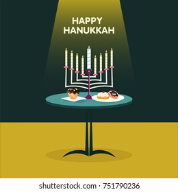 Jewish holiday Hanukkah with golden menorah (traditional Candelabra) on teal green background.