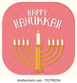 Jewish holiday Hanukkah with golden menorah (traditional Candelabra) on pink background.