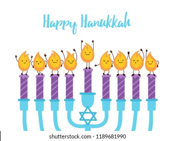 Jewish holiday Hanukkah greeting card design with menorah and cute candle lights. Vector illustration