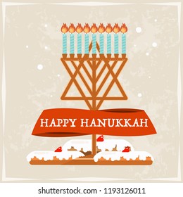 Jewish holiday Hanukkah greeting card traditional Chanukah symbols - Hebrew letters, donuts, menorah candles, star David glowing lights pattern Vector template