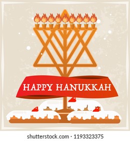 Jewish holiday Hanukkah greeting card traditional Chanukah symbols - Hebrew letters, donuts, menorah candles, star David glowing lights pattern Vector template