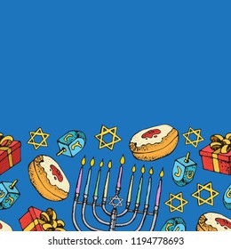 Jewish holiday Hanukkah greeting card. Seamless border of traditional Chanukah symbols isolated on white - dreidels, sweets, donuts, menorah candles, star David glowing lights. Vector template..