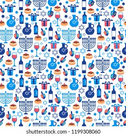 Jewish holiday Hanukkah greeting card traditional Chanukah symbols. Seamless pattern.