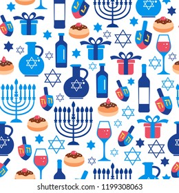 Jewish holiday Hanukkah greeting card traditional Chanukah symbols. Seamless pattern.