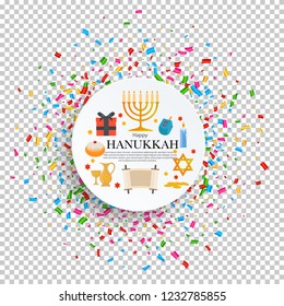 Jewish holiday Hanukkah greeting card. Traditional Hanukkah symbols - wooden dreidels, menorah candles, oil jar, star David. Confetti pattern Vector template.