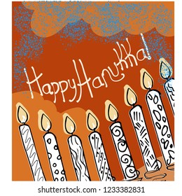 Jewish holiday Hanukkah greeting card traditional Menorah candles. English letters/