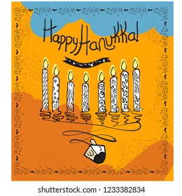 Jewish holiday Hanukkah greeting card traditional Menorah candles. English letters/