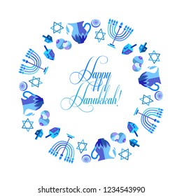 Jewish holiday Hanukkah greeting card traditional Chanukah symbols - wooden dreidels (spinning top), Hebrew letters, donuts, menorah candles, star David glowing blue lights pattern Vector template