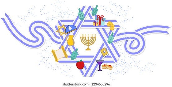 Jewish holiday Hanukkah greeting card traditional Chanukah symbols -dreidels (spinning top), Hebrew letters, donuts, menorah candles, oil jar, star David glowing lights Vector template