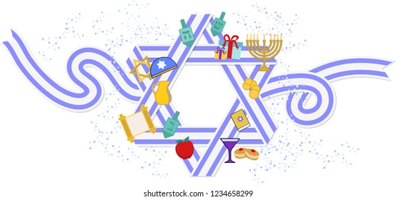 Jewish holiday Hanukkah greeting card traditional Chanukah symbols -dreidels (spinning top), Hebrew letters, donuts, menorah candles, oil jar, star David glowing lights Vector template