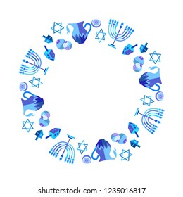 Jewish holiday Hanukkah greeting card traditional Chanukah symbols - wooden dreidels (spinning top), Hebrew letters, donuts, menorah candles, oil jar, star David glowing lights pattern Vector template
