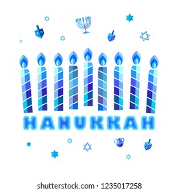 Jewish holiday Hanukkah greeting card traditional Chanukah symbols - wooden dreidels (spinning top), Hebrew letters, donuts, menorah candles, oil jar, star David glowing lights pattern Vector template