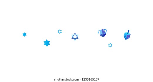 Jewish holiday Hanukkah greeting card traditional Chanukah symbols wooden dreidels (spinning top), Hebrew letters, donuts, menorah candles, oil jar, Israel flag blue star David pattern Vector template