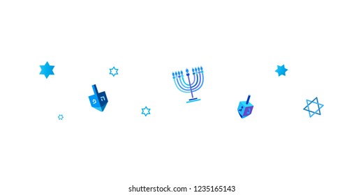 Jewish holiday Hanukkah greeting card traditional Chanukah symbols - wooden dreidels (spinning top), Hebrew letters, donuts, menorah candles, oil jar, star David glowing lights pattern Vector template